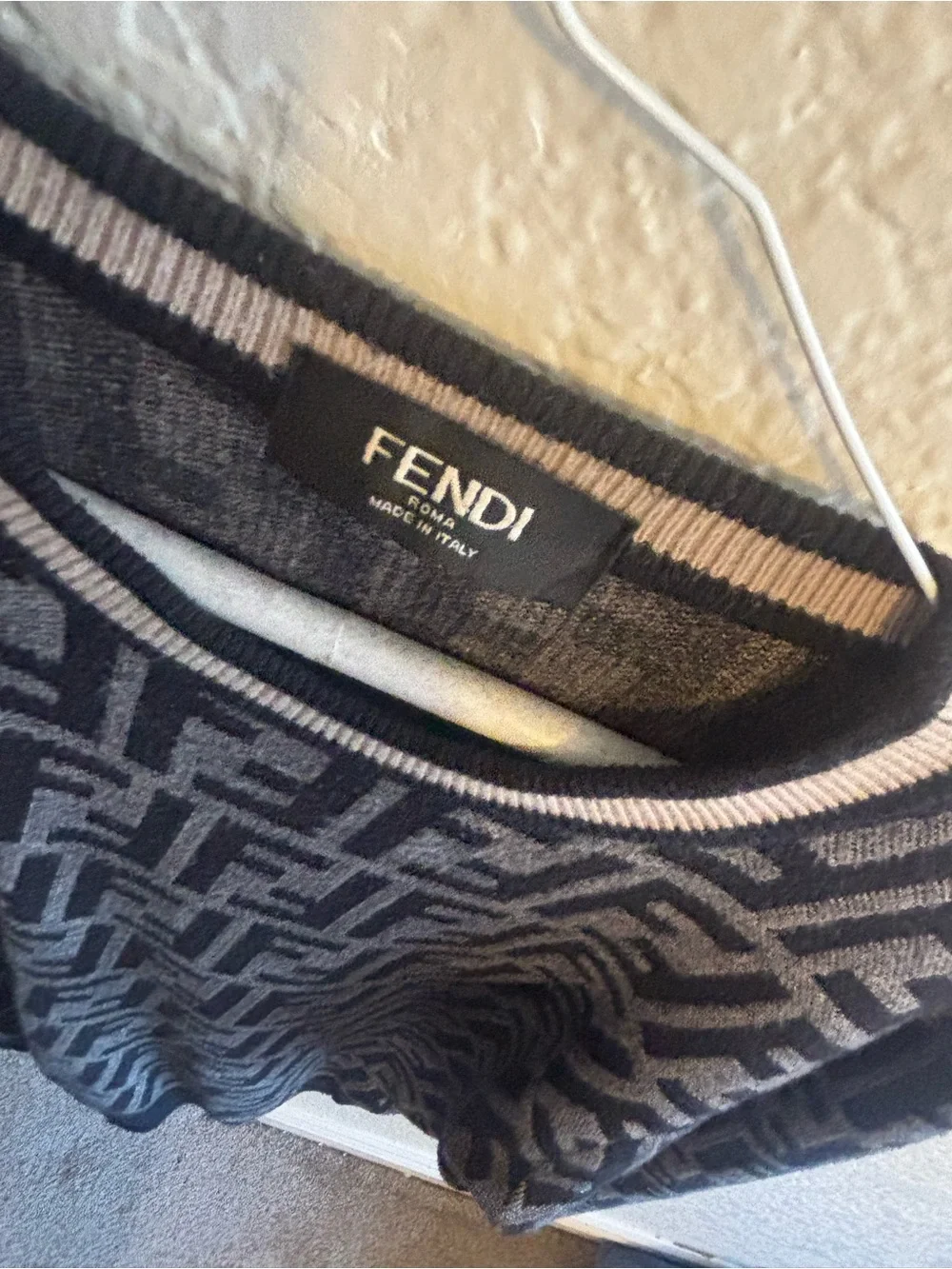 Fendi Monogram Knit Sweater in Black & Gray with Pink Trim